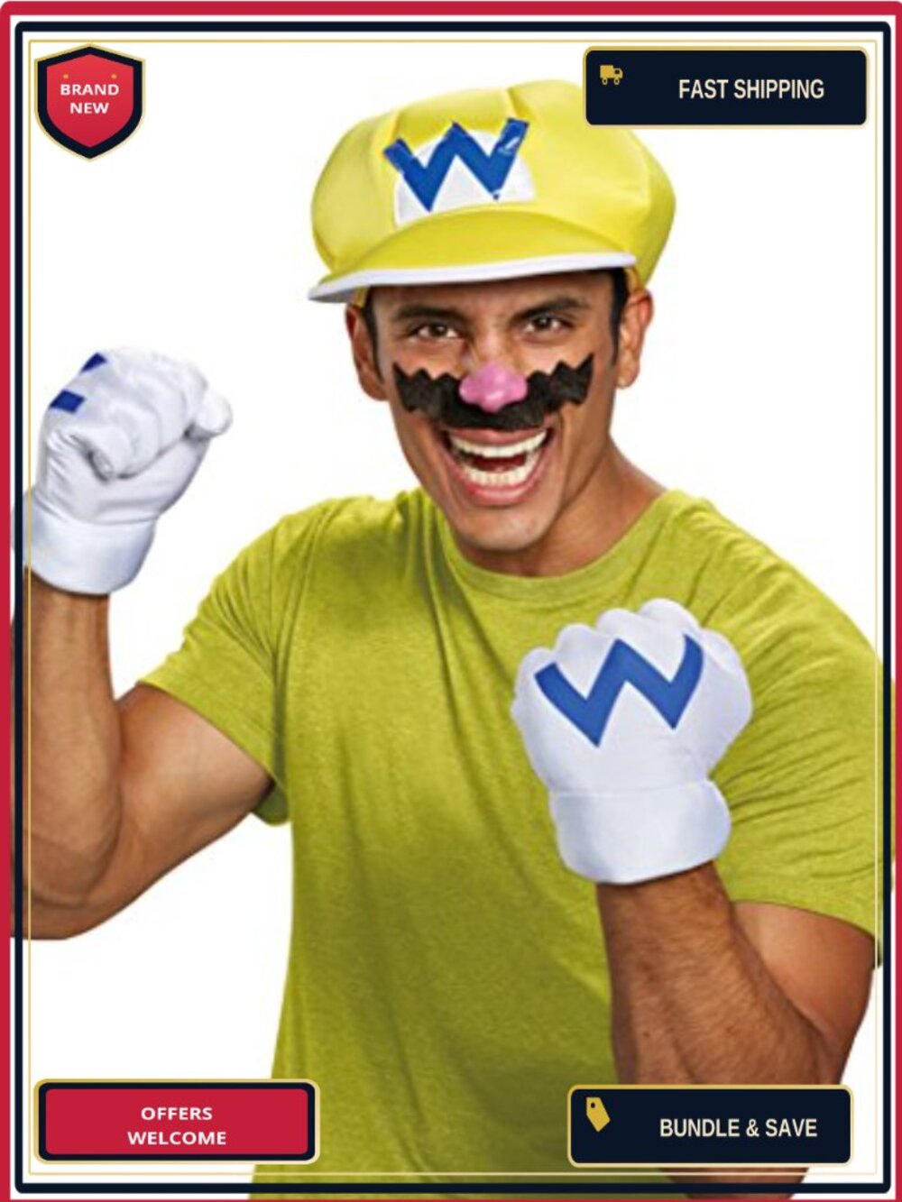 Wario Costume Kit Adult Super Mario Bros Nintendo Dress Gloves Hat